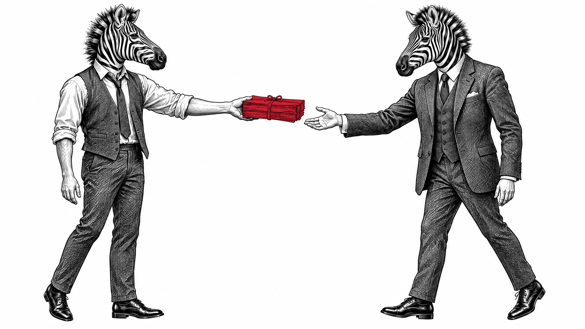 Engraved illustration of a zebra in shirtsleeves handing a red bundle of time sheets to a zebra in a three-piece suit