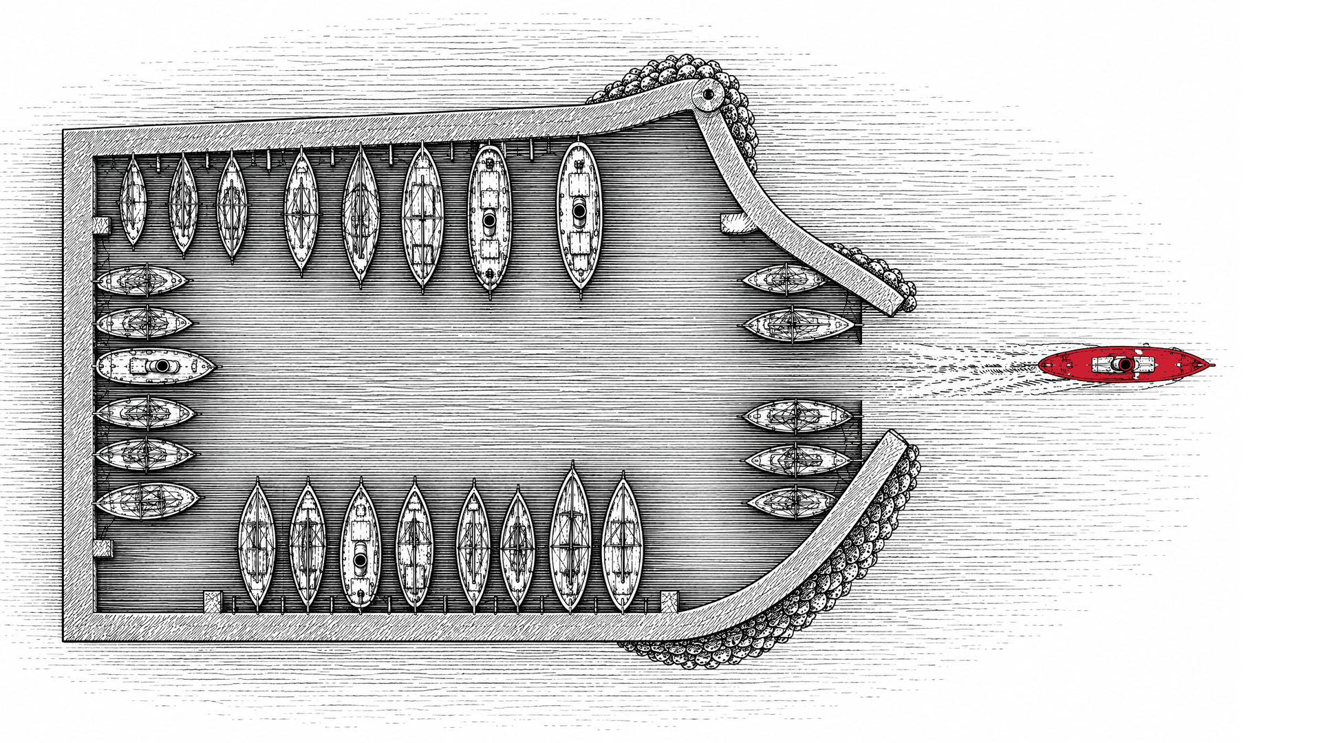Engraved overhead plan of a harbour with rows of moored ships, one red steamship leaving through the harbour mouth