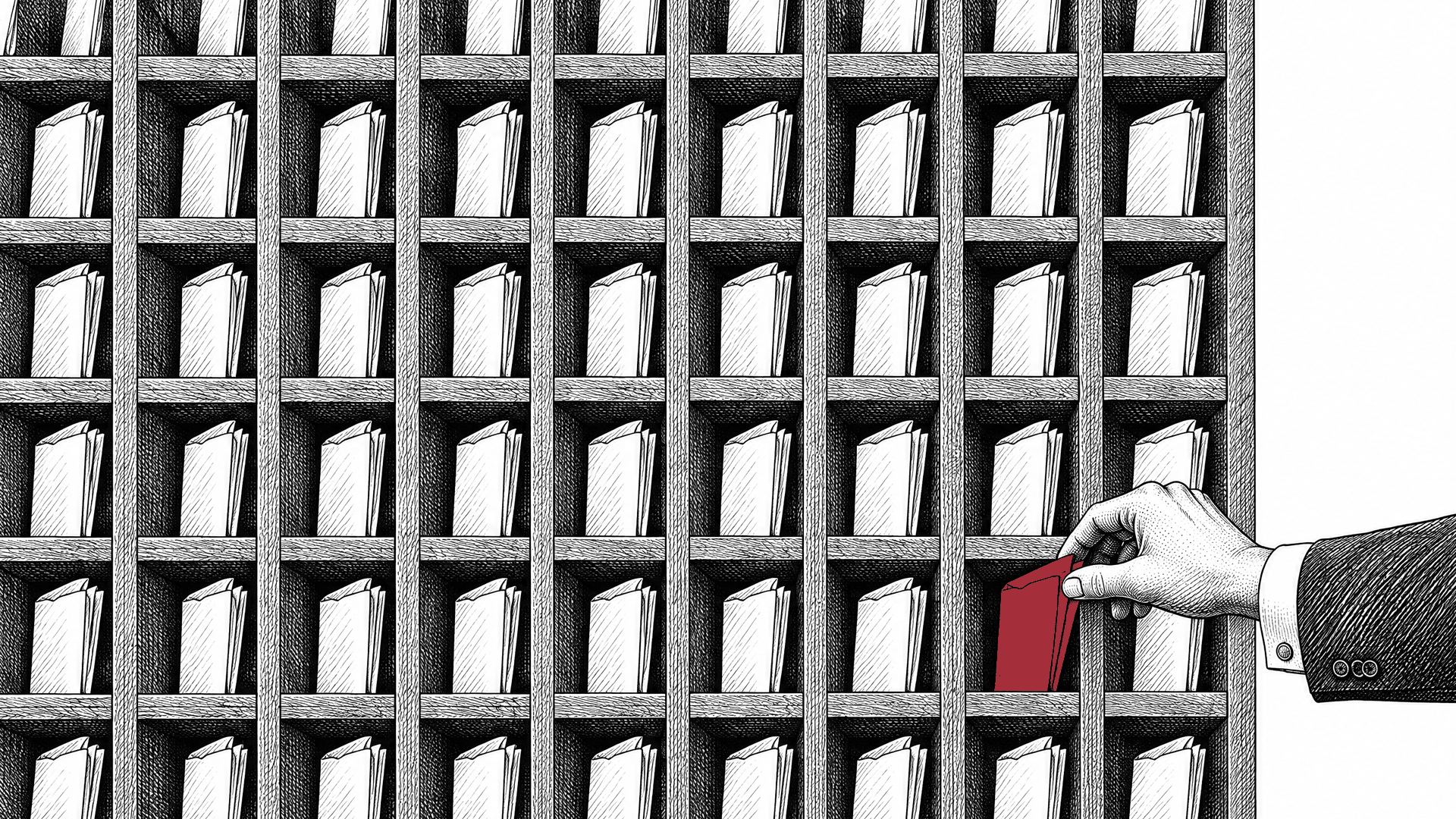 Engraved illustration of a wall of identical pigeonholes filled with folded documents, a suited hand sliding one red document into place
