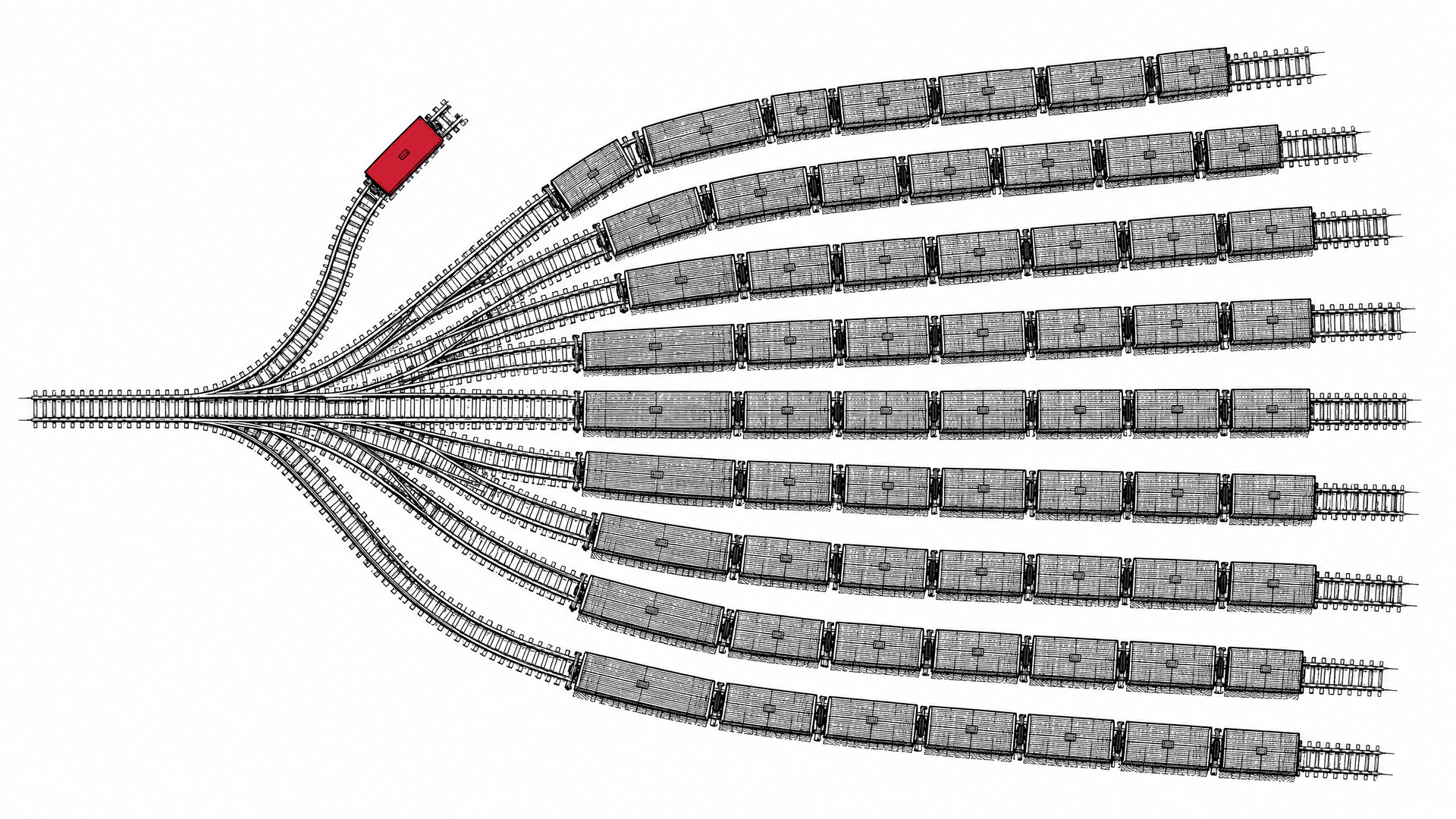 Engraved overhead plan of a railway yard with lines of wagons fanning out, one red wagon switched onto its own siding
