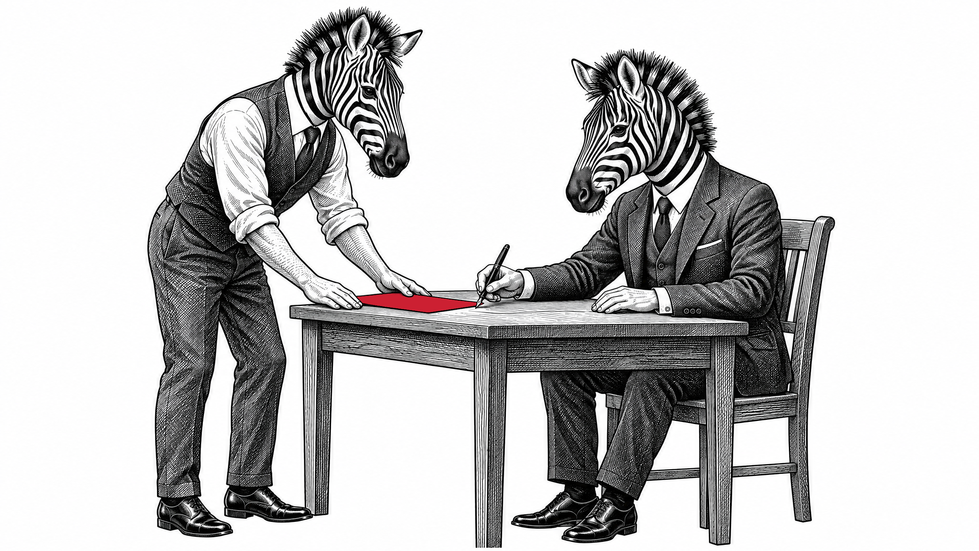 Engraved illustration of a zebra in shirtsleeves holding a red letter on a desk while a seated zebra attorney signs it