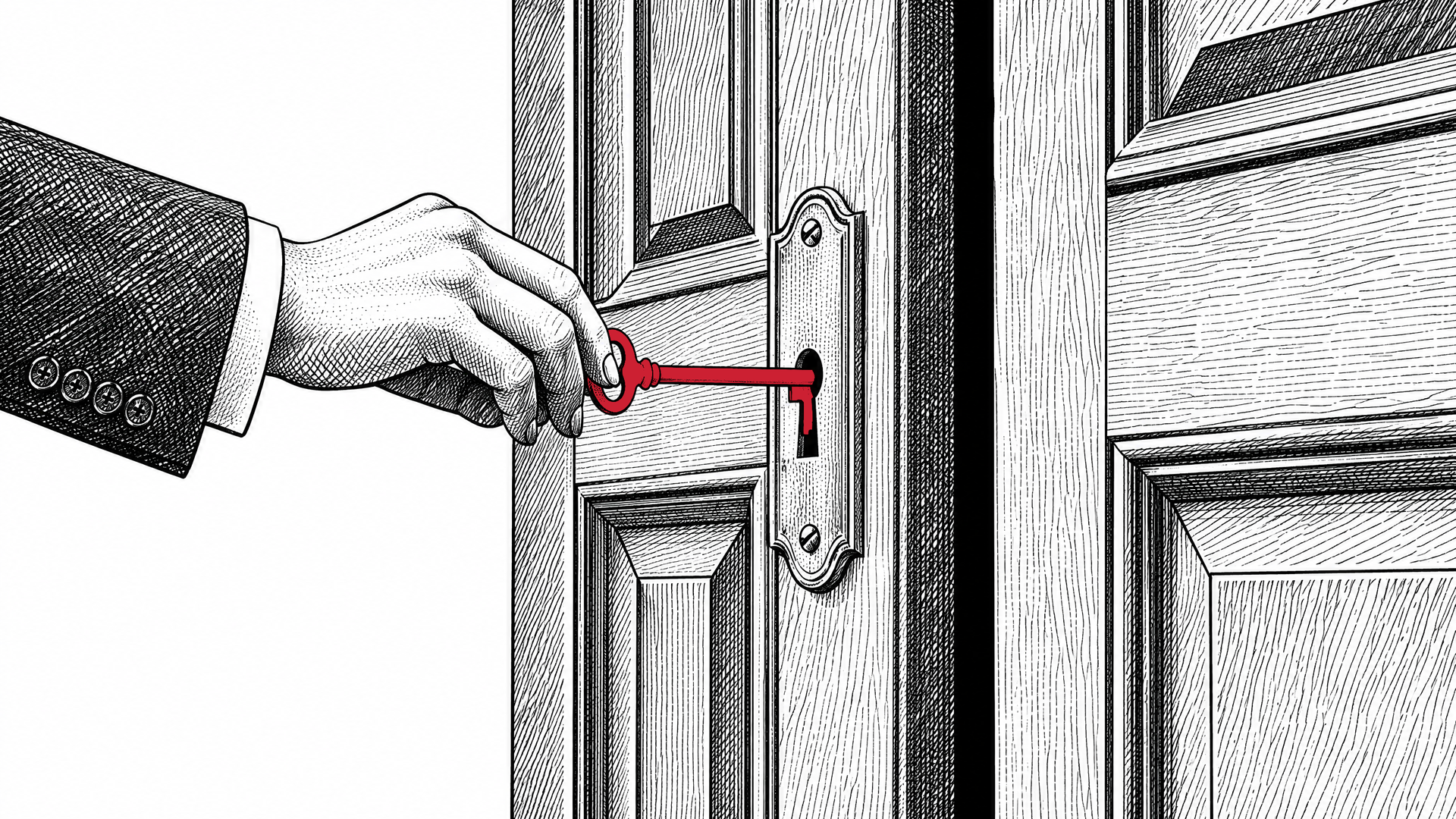 Engraved illustration of a hand turning a red key in the lock of a panelled office door as it opens