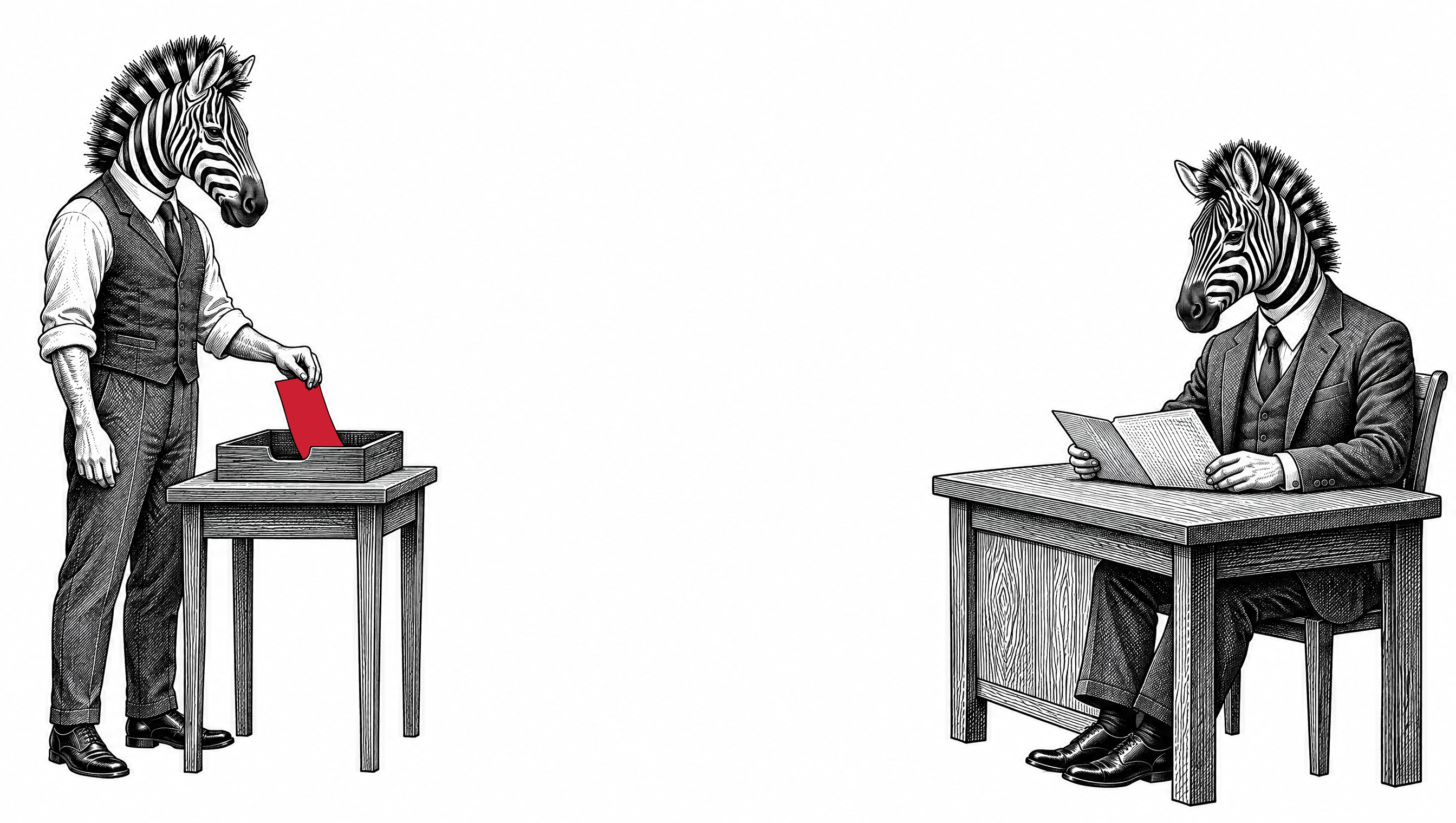 Engraved illustration of two suited zebras at opposite ends of a wide empty frame, one lowering a red sheet into an in-tray, the other already reading it in a folder at his desk