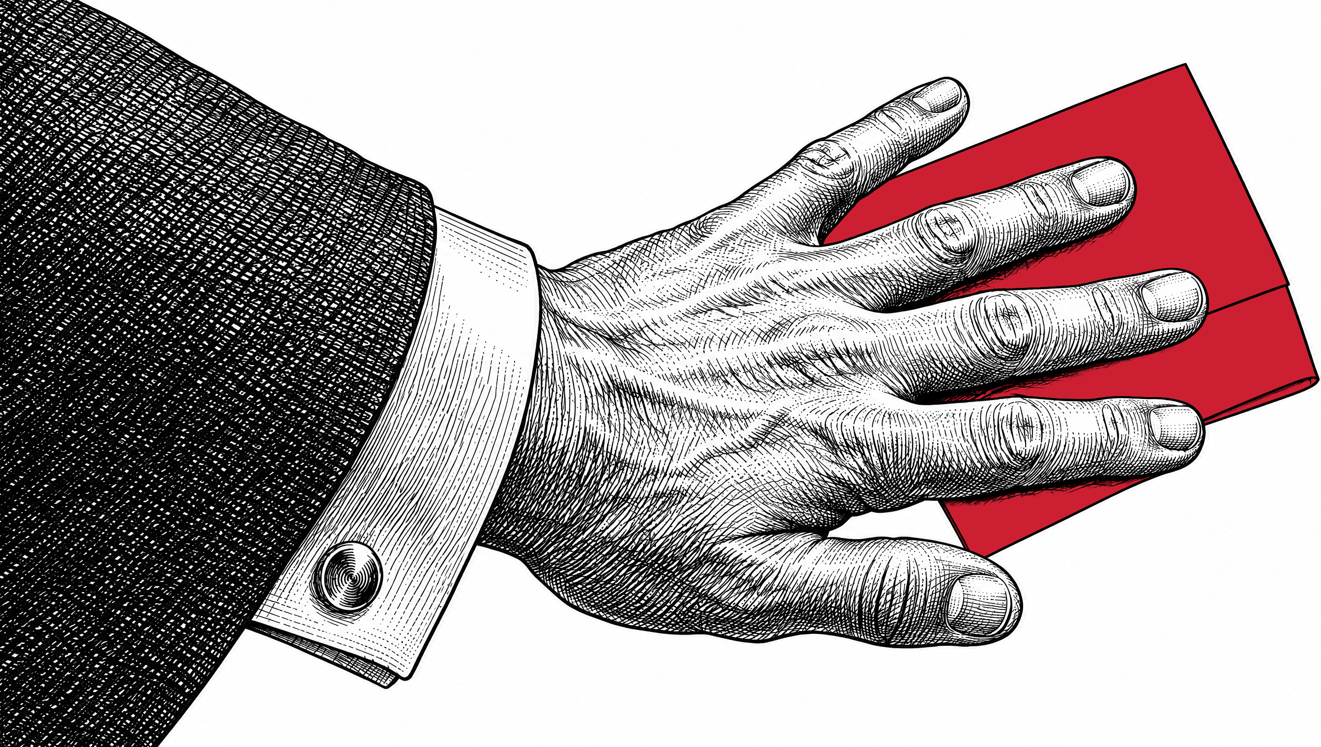 Engraved illustration of a hand in a tailored suit sleeve and shirt cuff pressed flat on a folded red invoice, holding it in place