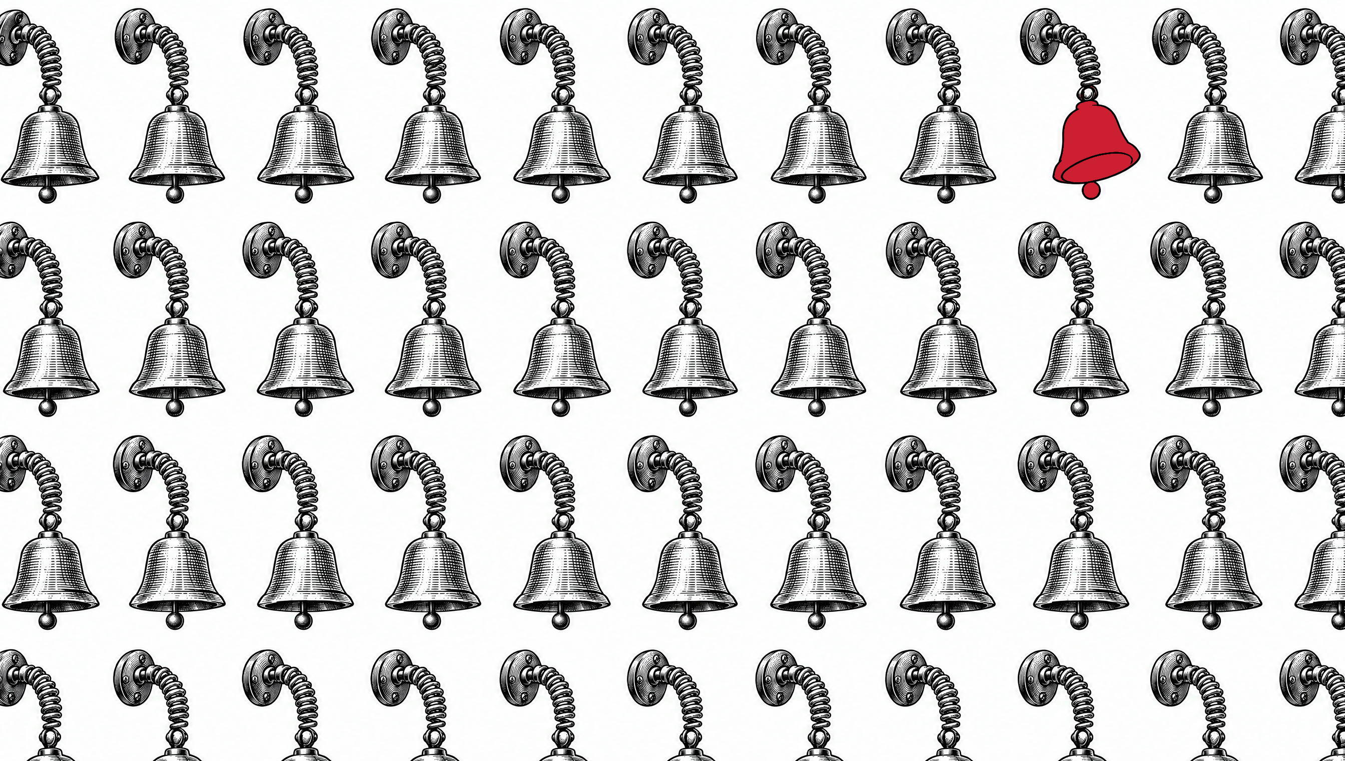 Engraved illustration of a grid of identical brass servants' bells on coiled springs, all at rest except one red bell swinging mid-ring
