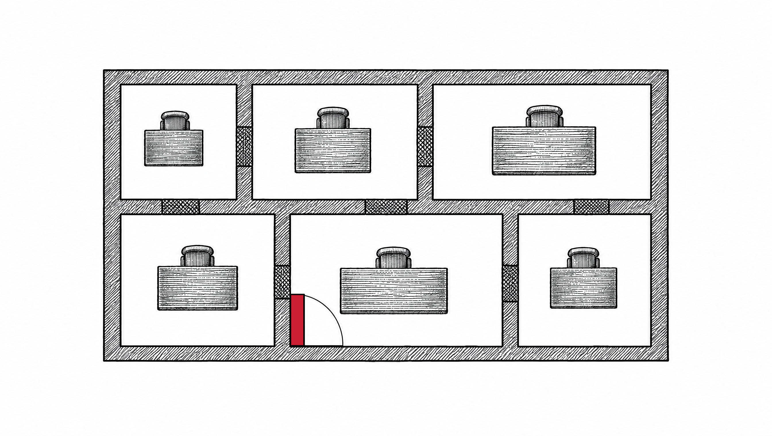 Engraved overhead floor plan of six office rooms whose connecting doorways are all bricked up, except one open red door between two rooms
