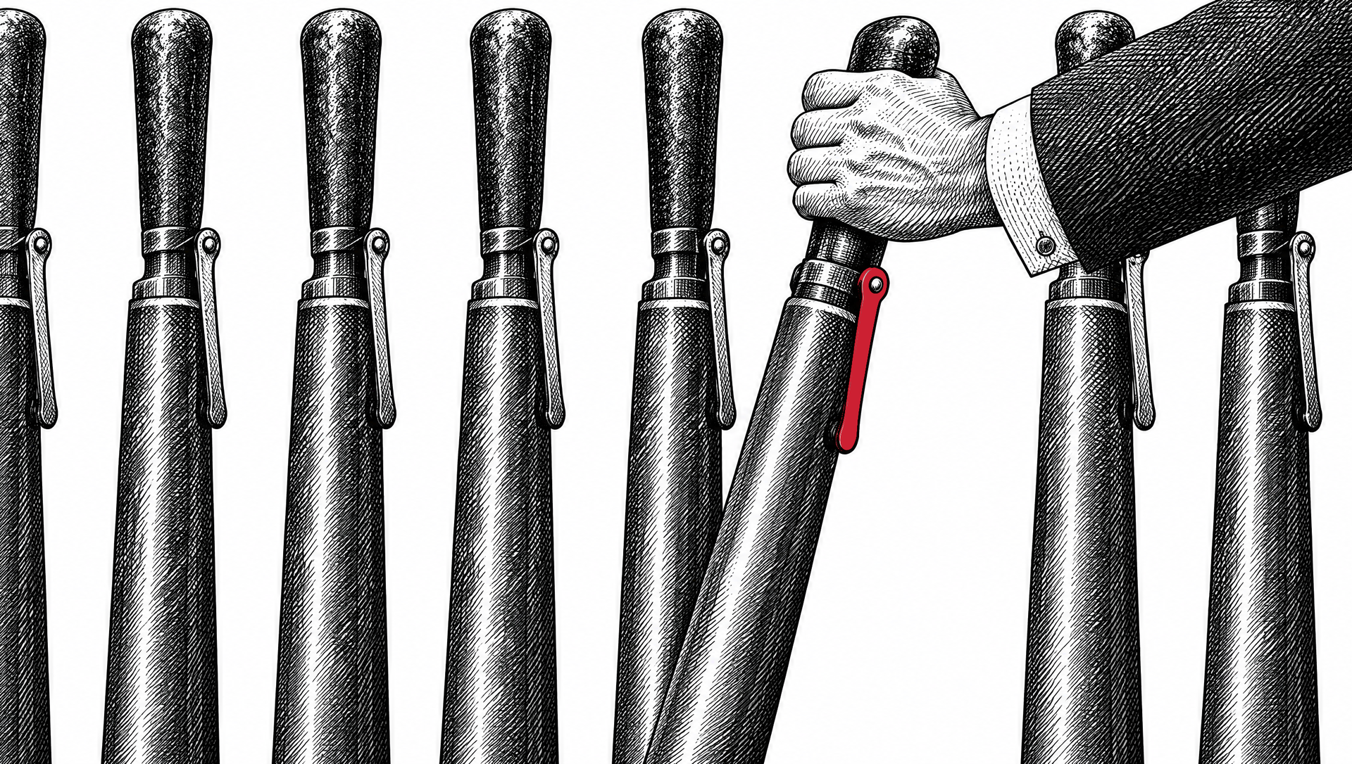 Engraved illustration of a hand in a suit sleeve pulling one lever out of a row of identical iron levers, the catch that locks it in place in red