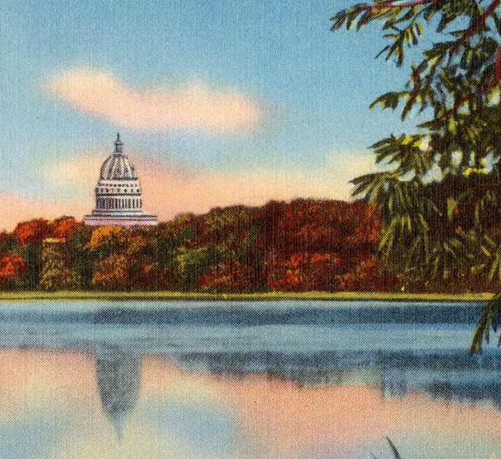 Illustration of the Madison Capitol across Lake Monona in autumn