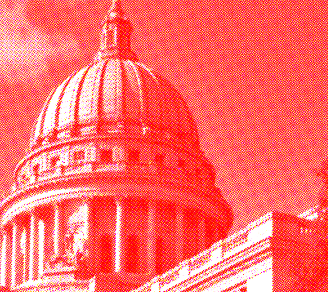The Wisconsin State Capitol dome in a red duotone treatment