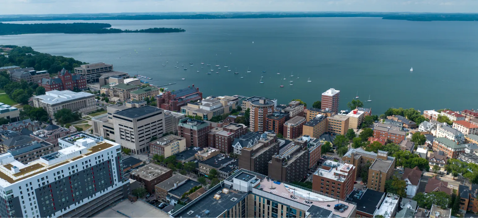 Rooftop view over Madison toward Lake Mendota