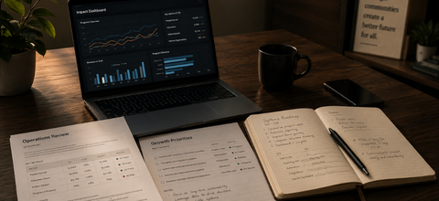 Laptop showing a data dashboard on a desk with printed operations reports and an open notebook
