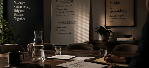 Nonprofit board meeting room with a conference table, meeting notes, and a wall of board priorities