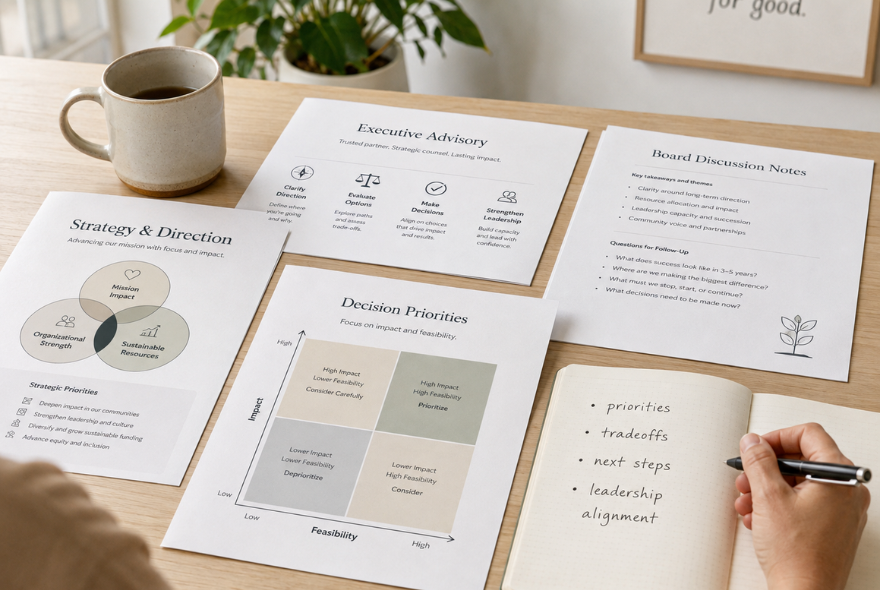Strategy and advisory documents on a desk beside a notebook listing planning priorities