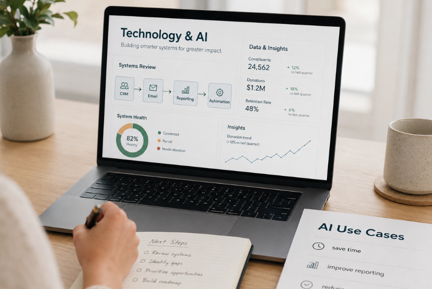 Laptop displaying a technology and AI dashboard with nonprofit data metrics and insights