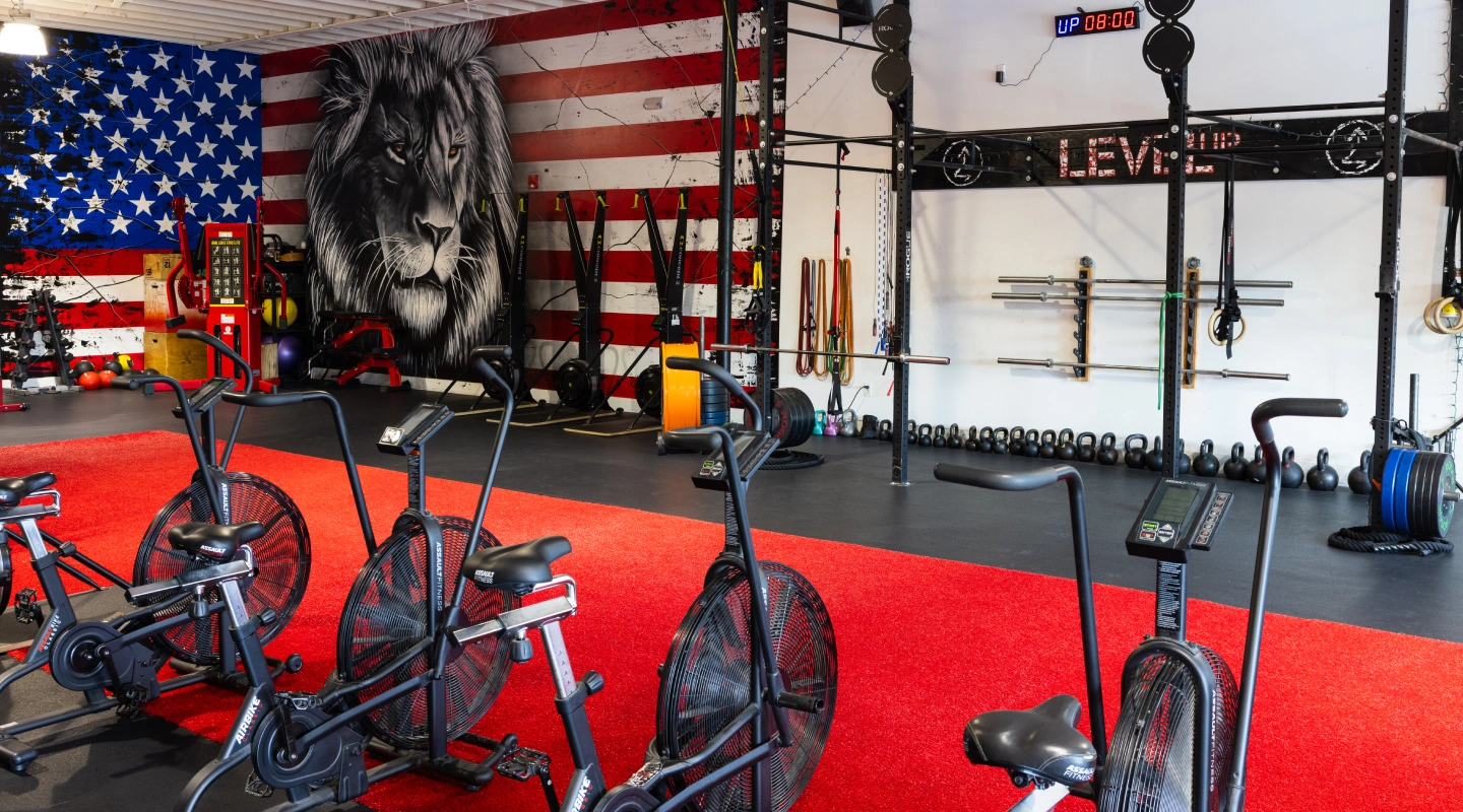 A gym interior featuring stationary bikes on a red floor, a wall mural of a lion over an American flag, and various weightlifting equipment racks.