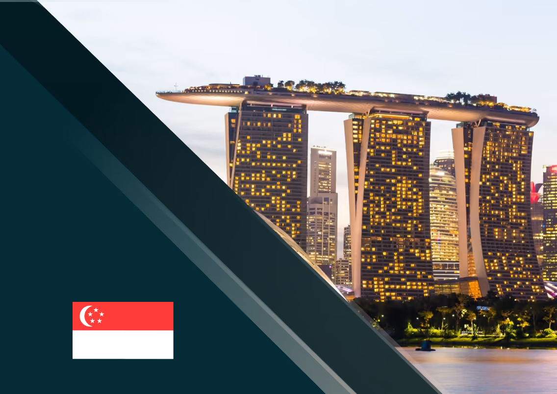 Singapore skyline at dusk featuring the illuminated Marina Bay Sands hotel with its distinctive three towers and rooftop sky park, partially obscured by a dark green diagonal overlay on the left side, with the Singapore flag below the overlay.