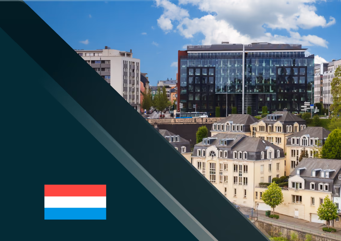 Luxembourg cityscape with modern and classical buildings under partly cloudy blue sky, with Luxembourg flag in bottom left corner.