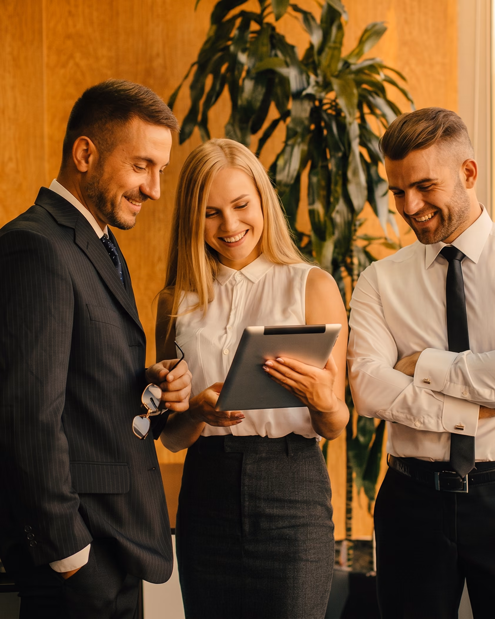Three business professionals smiling and looking at a tablet held by the woman in the center, standing in an indoor office setting with a plant in the background.