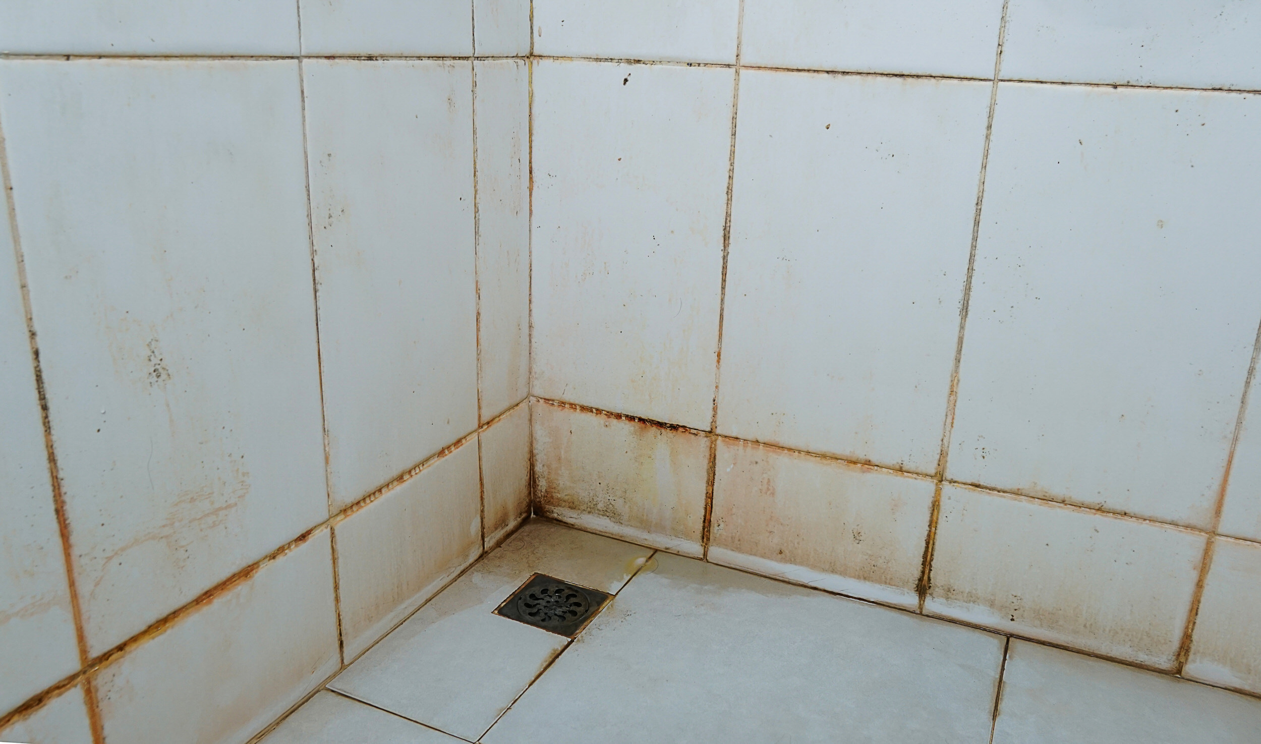 Soiled bathroom surfaces with staining on walls and floor