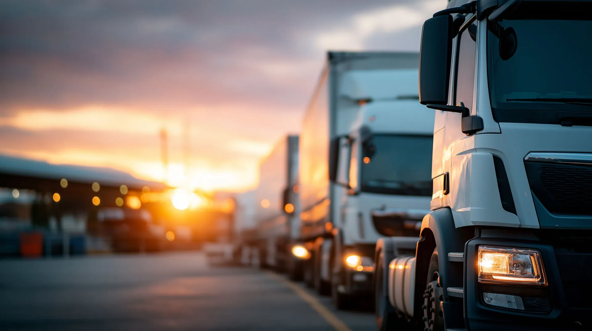 Trucks at a depot at sunset