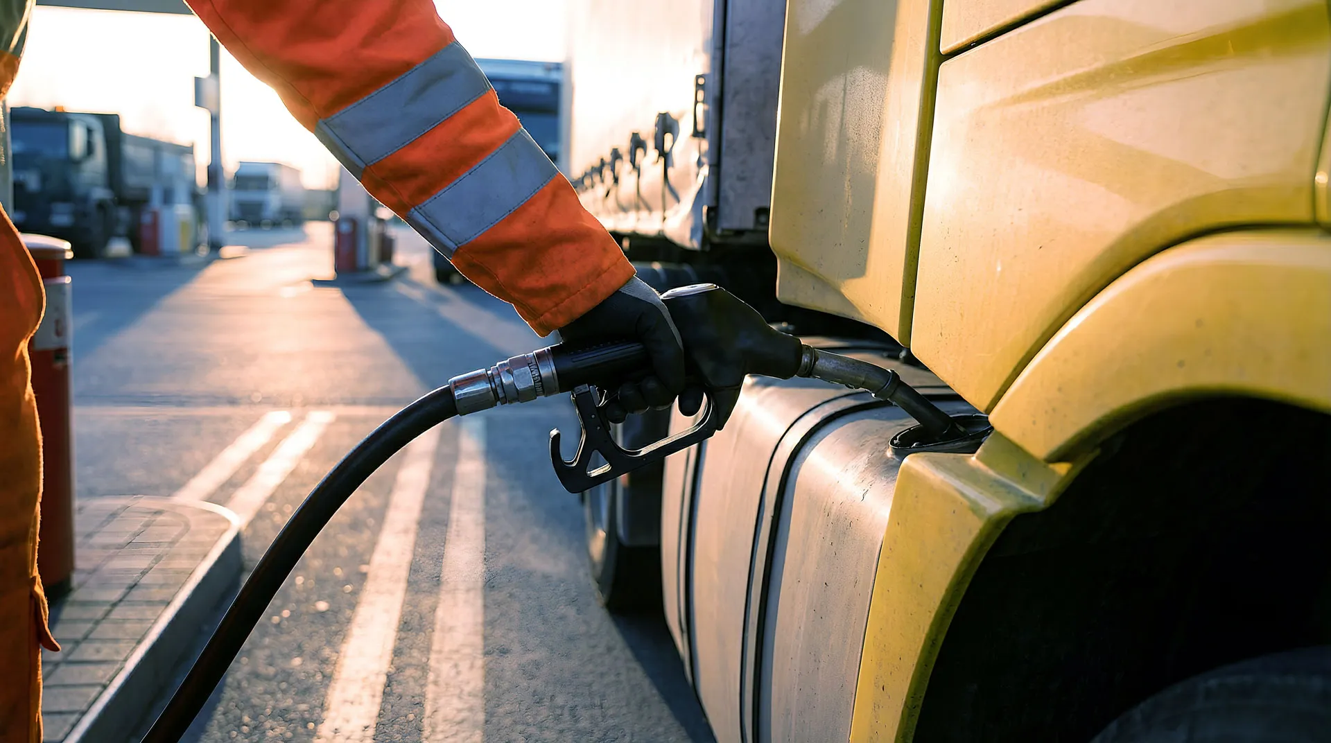 Professional driver refuelling at dawn