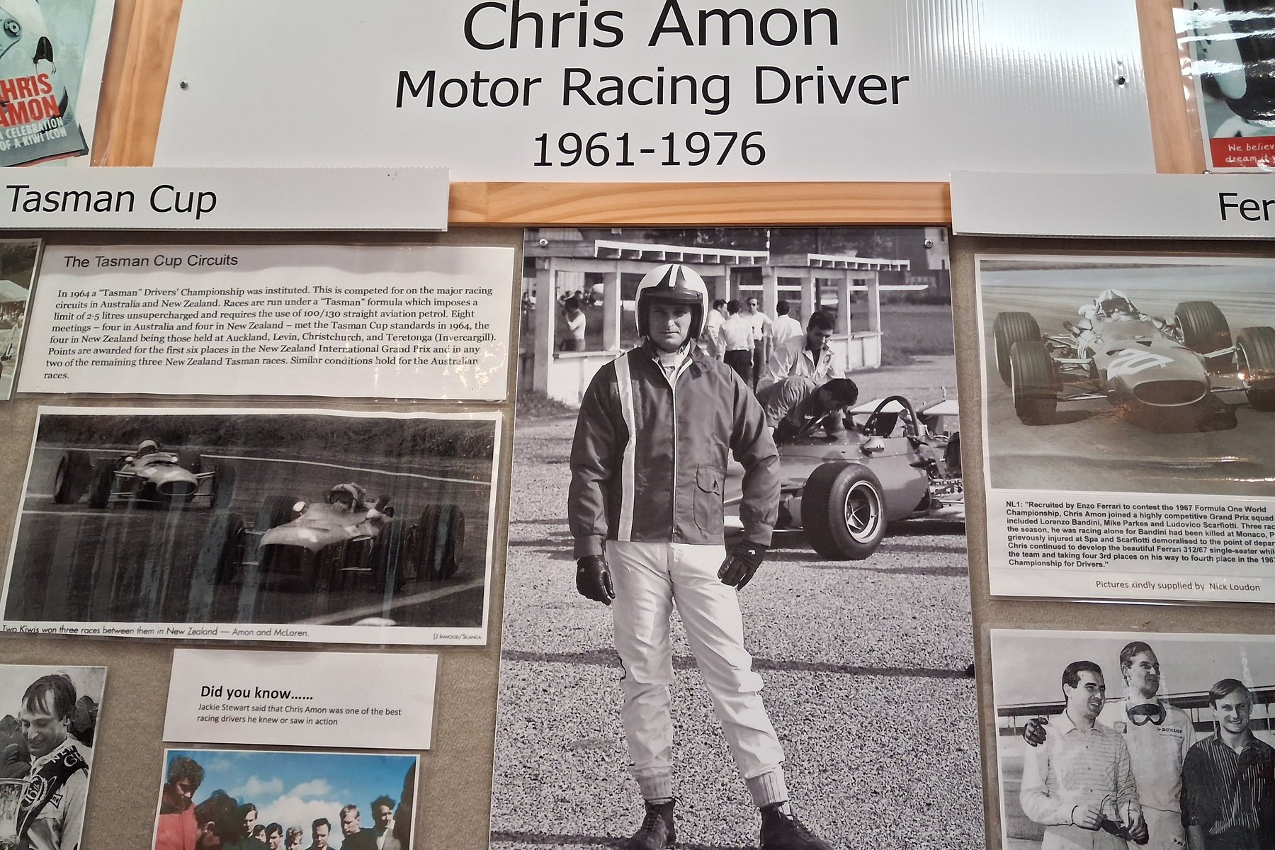 The Chris Amon display at Bulls Museum, with photographs from his racing years