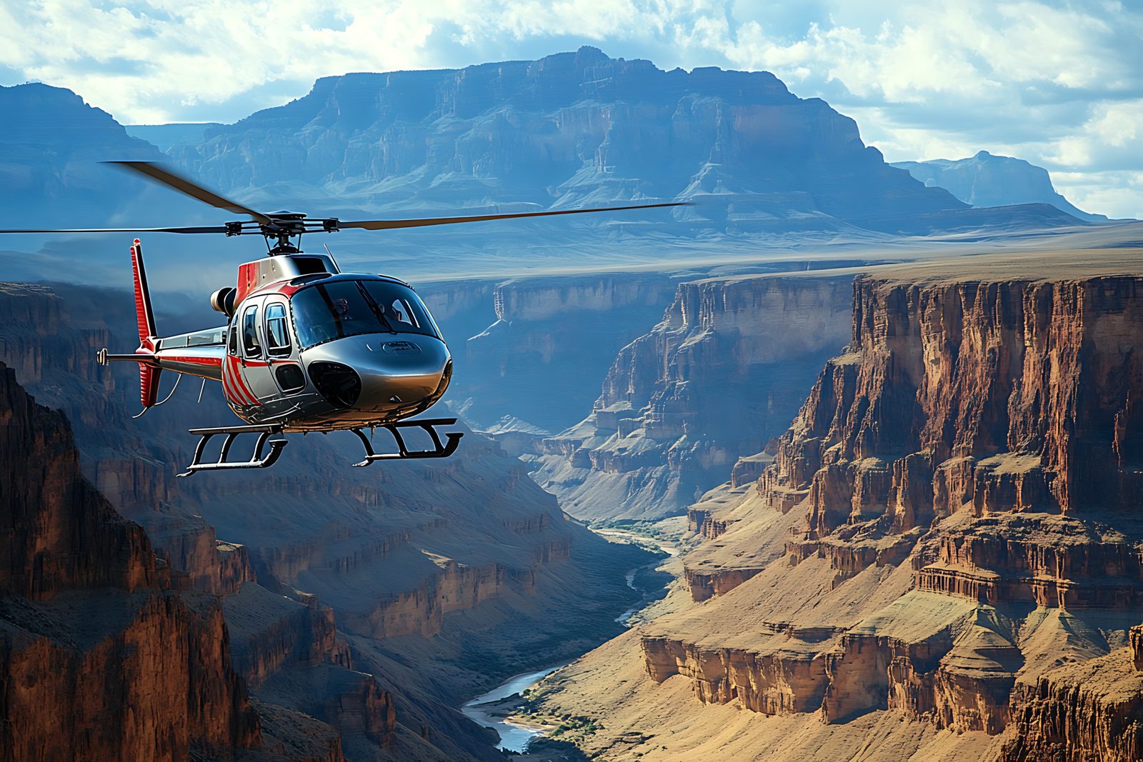 Scenic helicopter flight over a canyon