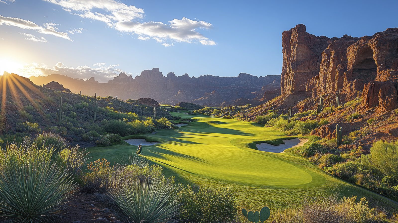 Golf fairway below red cliffs