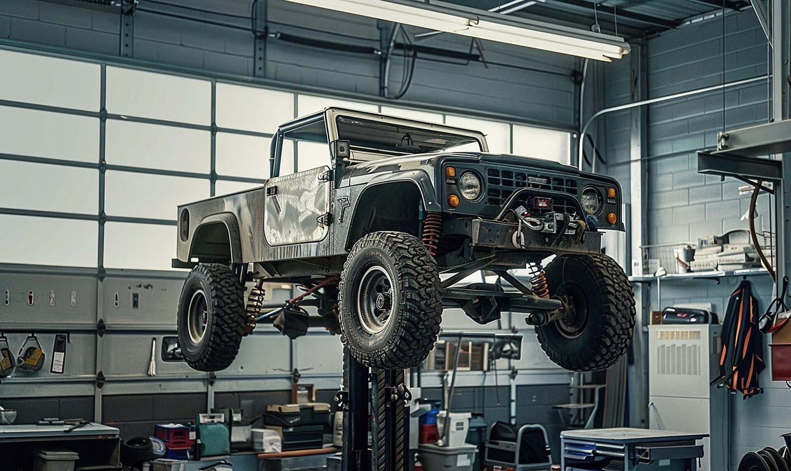 Lifted truck on a shop lift