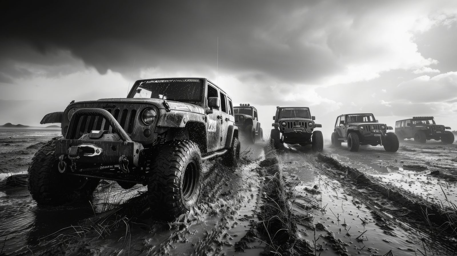 Line of Jeeps driving through mud under a stormy sky
