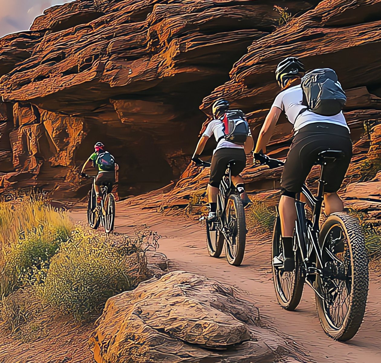 Mountain bikers riding a red rock trail at sunset