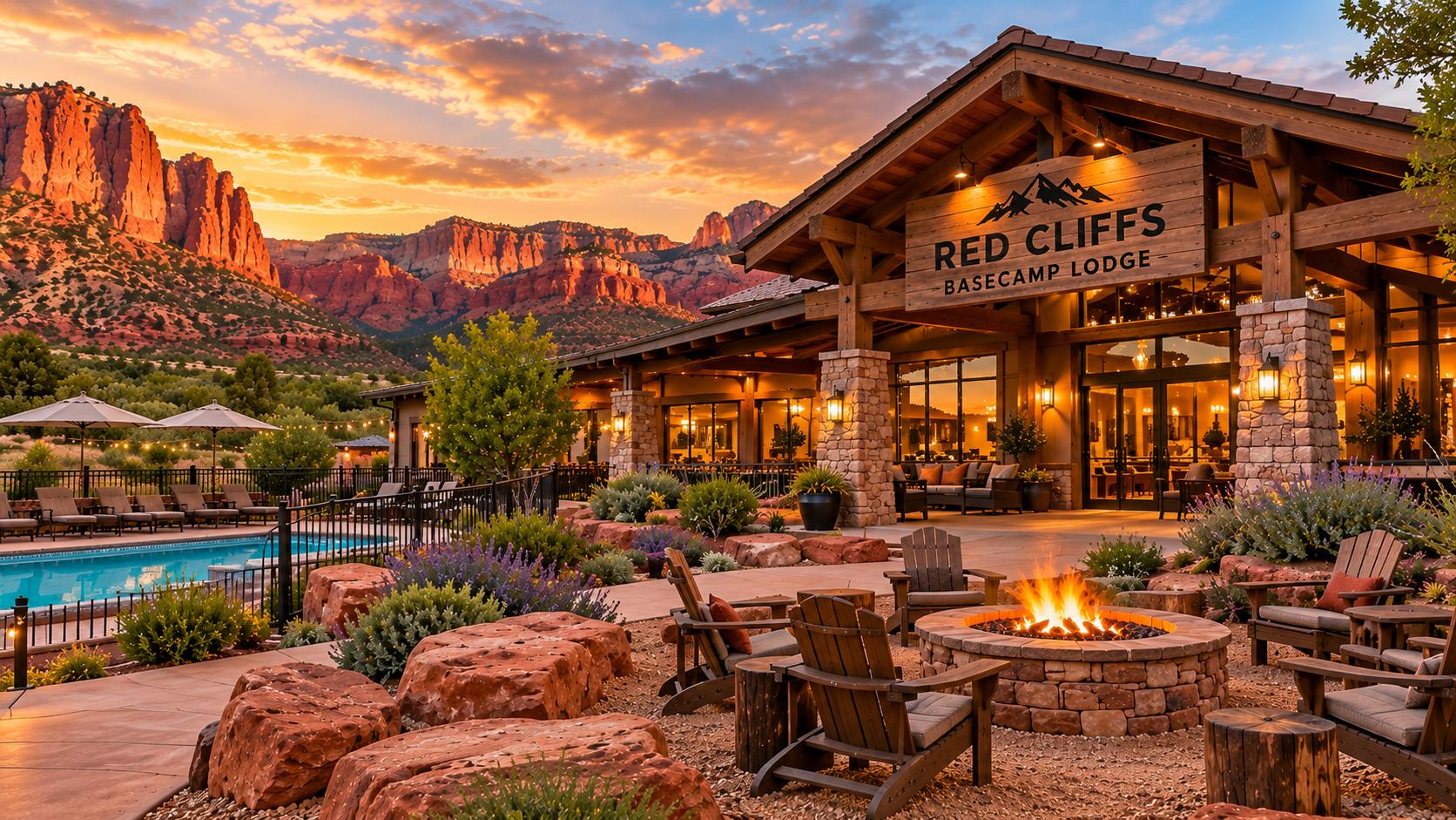 Red Cliffs Basecamp Lodge fire pit and pool at sunset