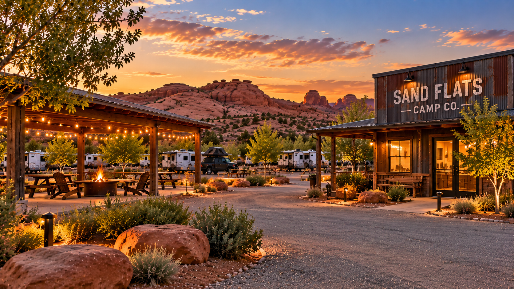 Sand Flats Camp Co. camp store, fire pit pavilion and campers at sunset