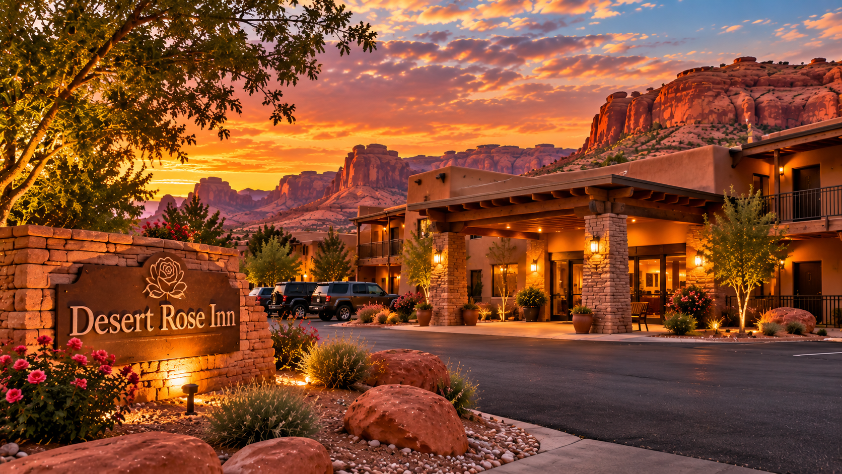 Desert Rose Inn entrance and sign at sunset with red rock cliffs behind