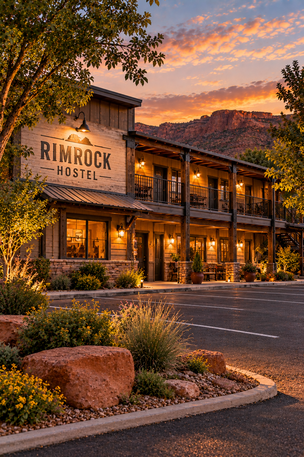 Rimrock Hostel building at dusk with red rock cliffs behind