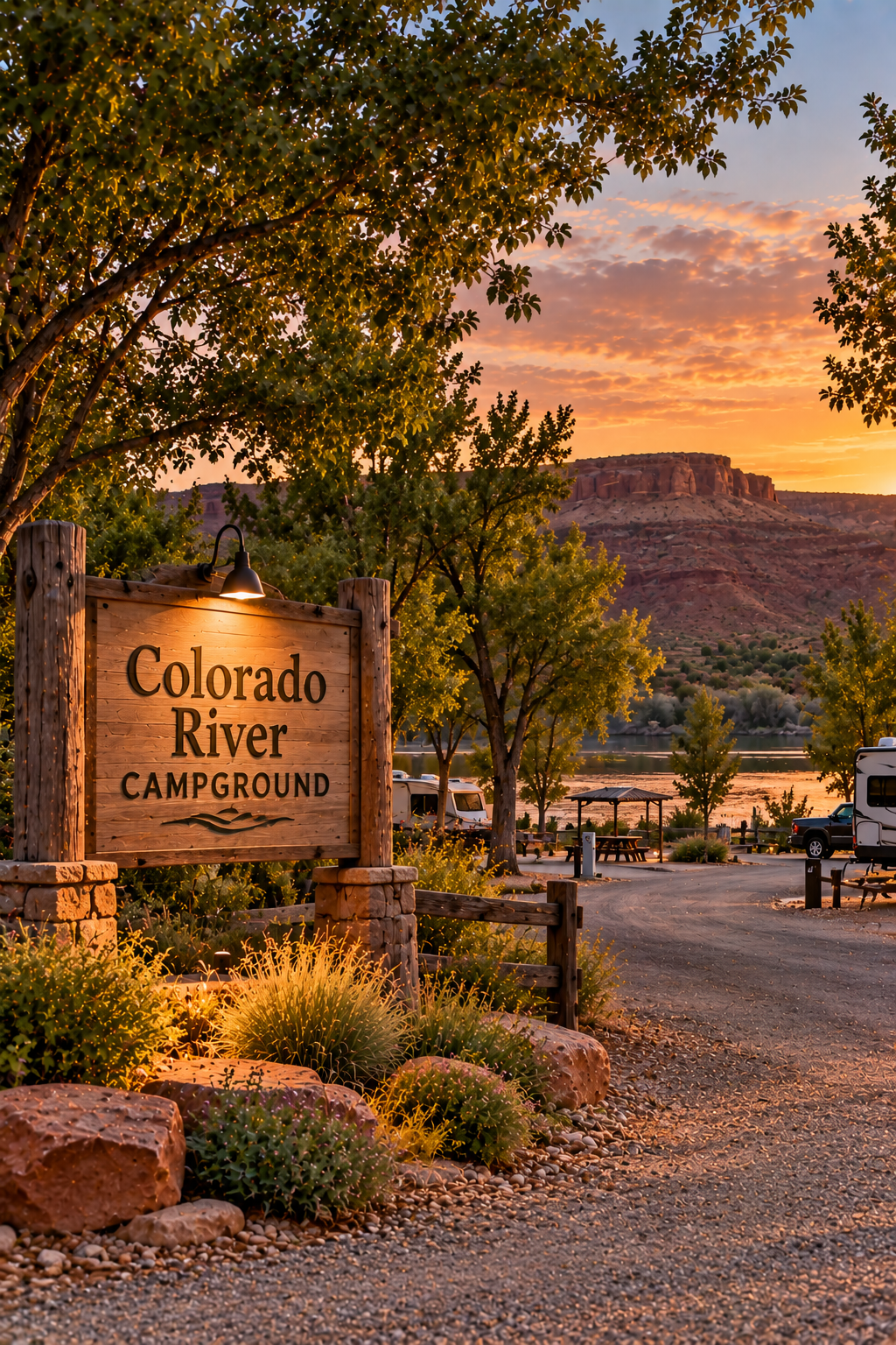 Colorado River Campground sign and riverside sites at sunset