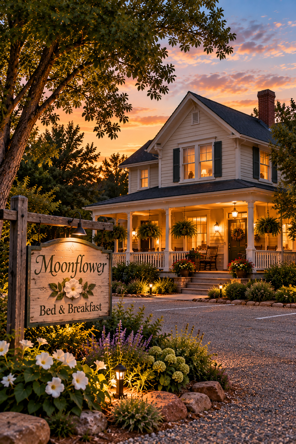Moonflower Bed & Breakfast farmhouse and sign at sunset