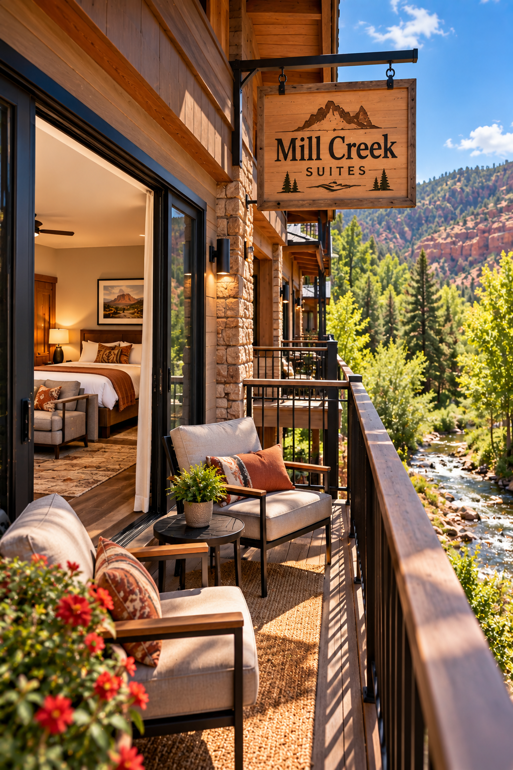 Mill Creek Suites balcony overlooking the creek and canyon