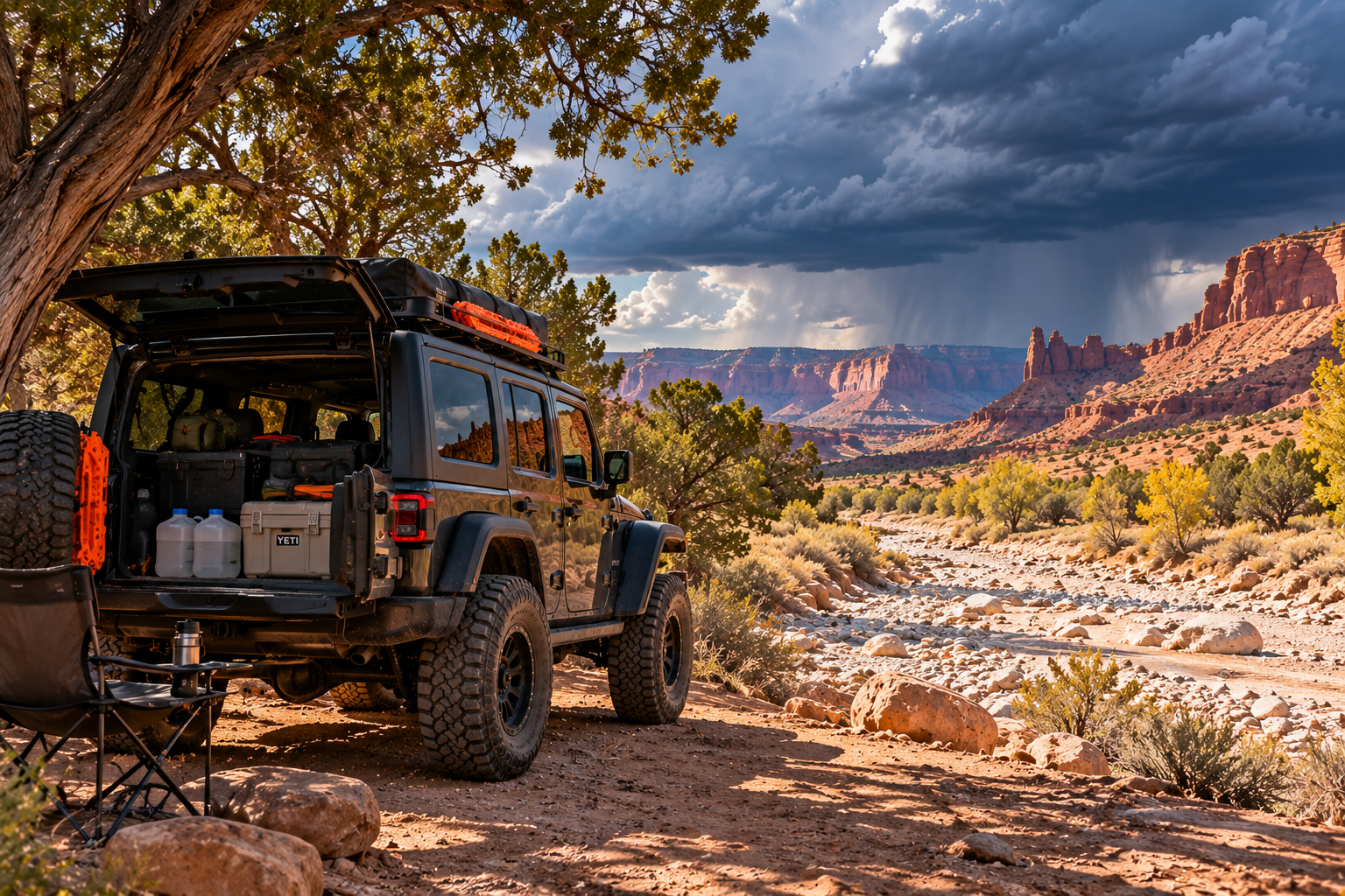 Jeep parked in shade beside a dry wash as a storm builds over red rock mesas