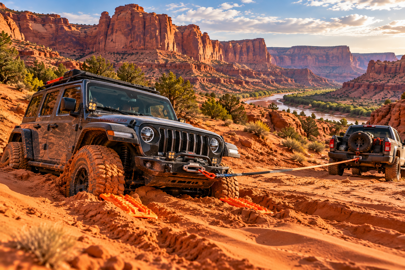 Jeep stuck in red sand with traction boards and a recovery strap to a second vehicle