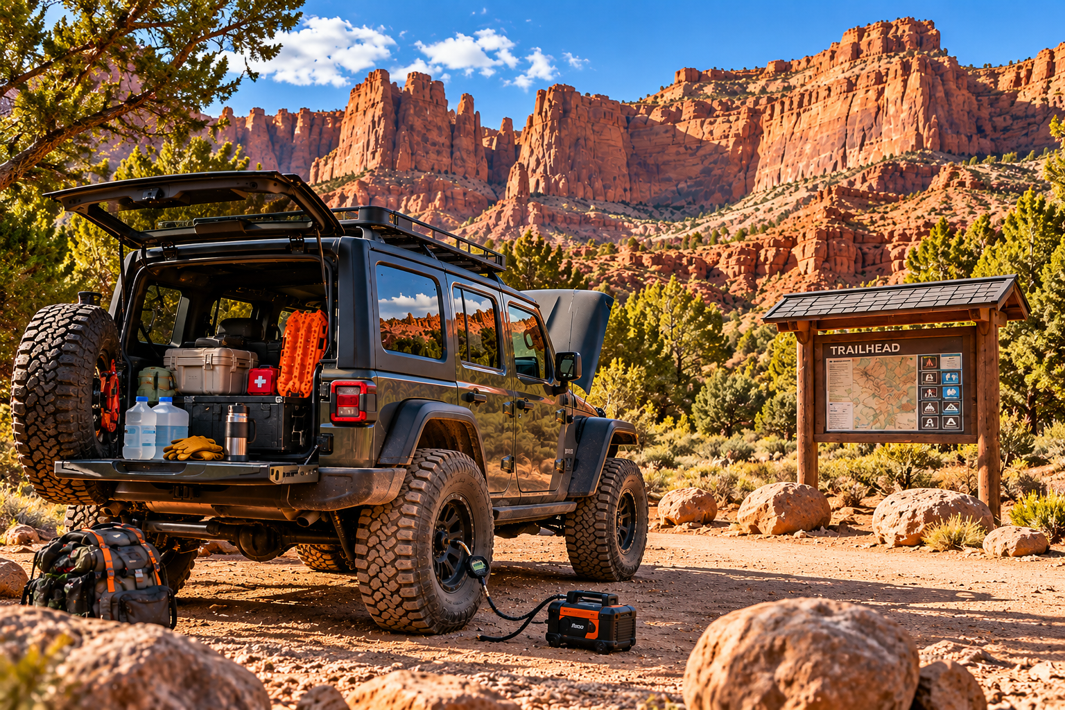 Jeep at a trailhead with recovery gear, water and an air compressor ready