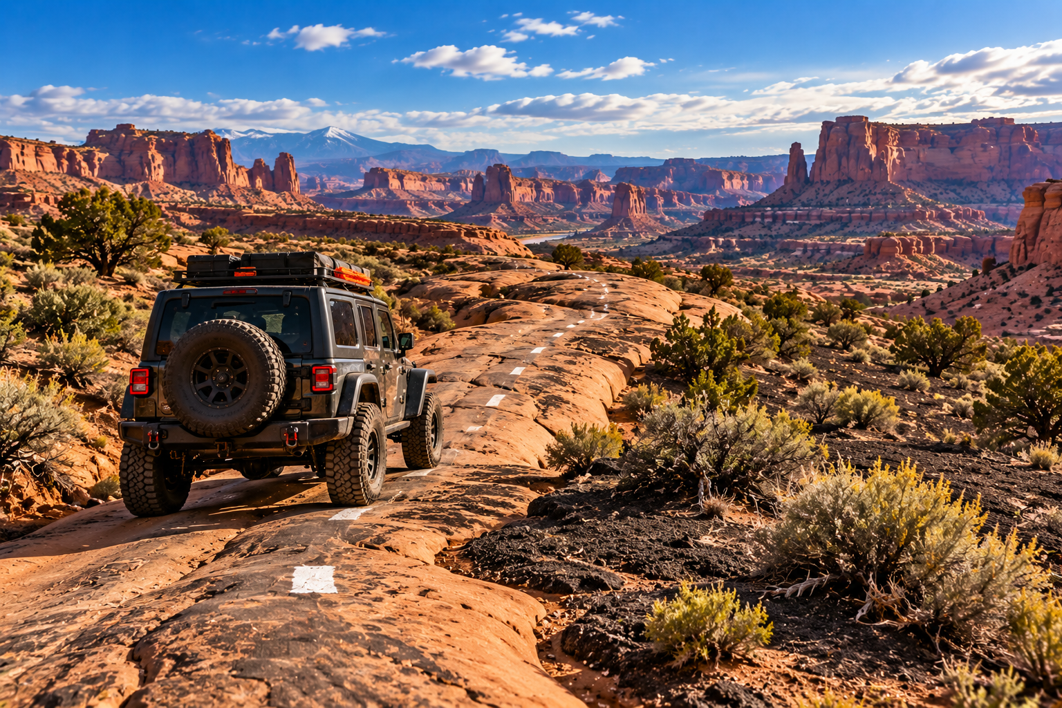 Jeep staying on a marked slickrock trail beside untouched desert soil