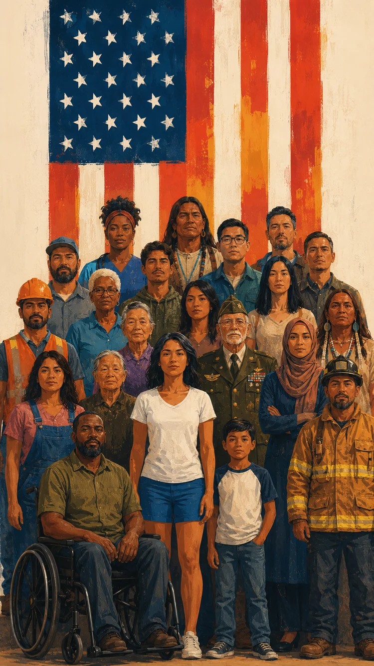 Diverse group of everyday Americans standing together in front of the American flag, representing US4A's cooperative vision