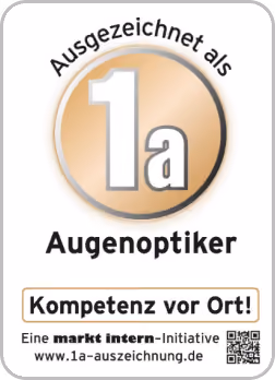 1a-Auszeichnung für Augenoptiker, Kompetenz vor Ort, markt intern-Initiative, goldener Kreis mit weißer Schrift.