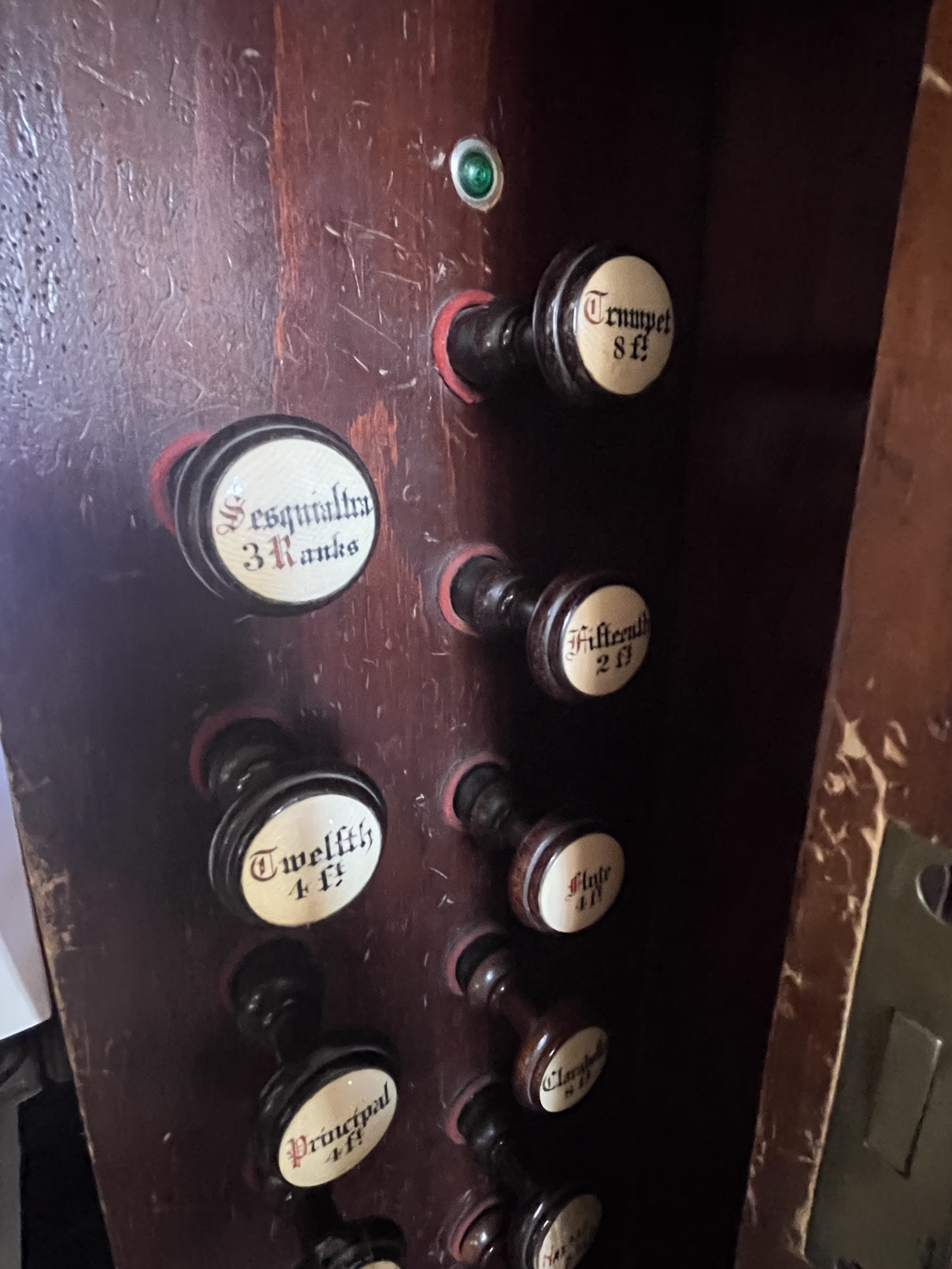 Close-up of the organ stops at St Peter’s Church