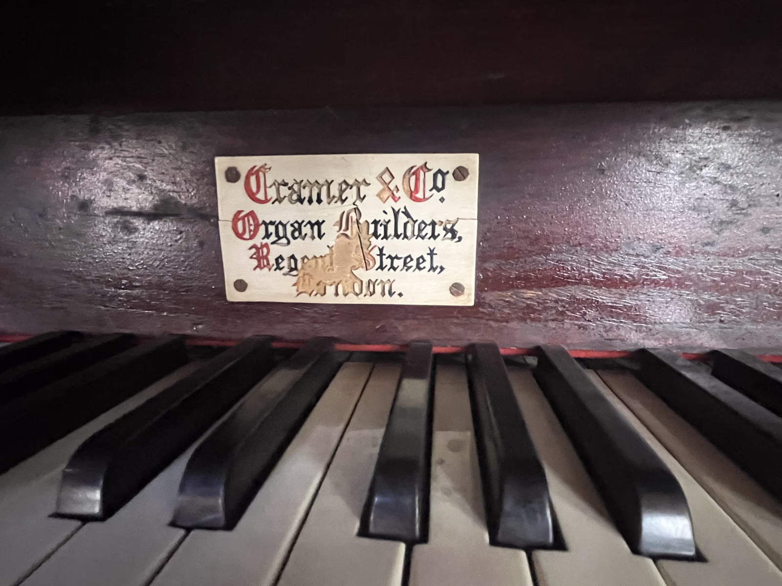 Maker’s label on the historic organ at St Peter’s Church