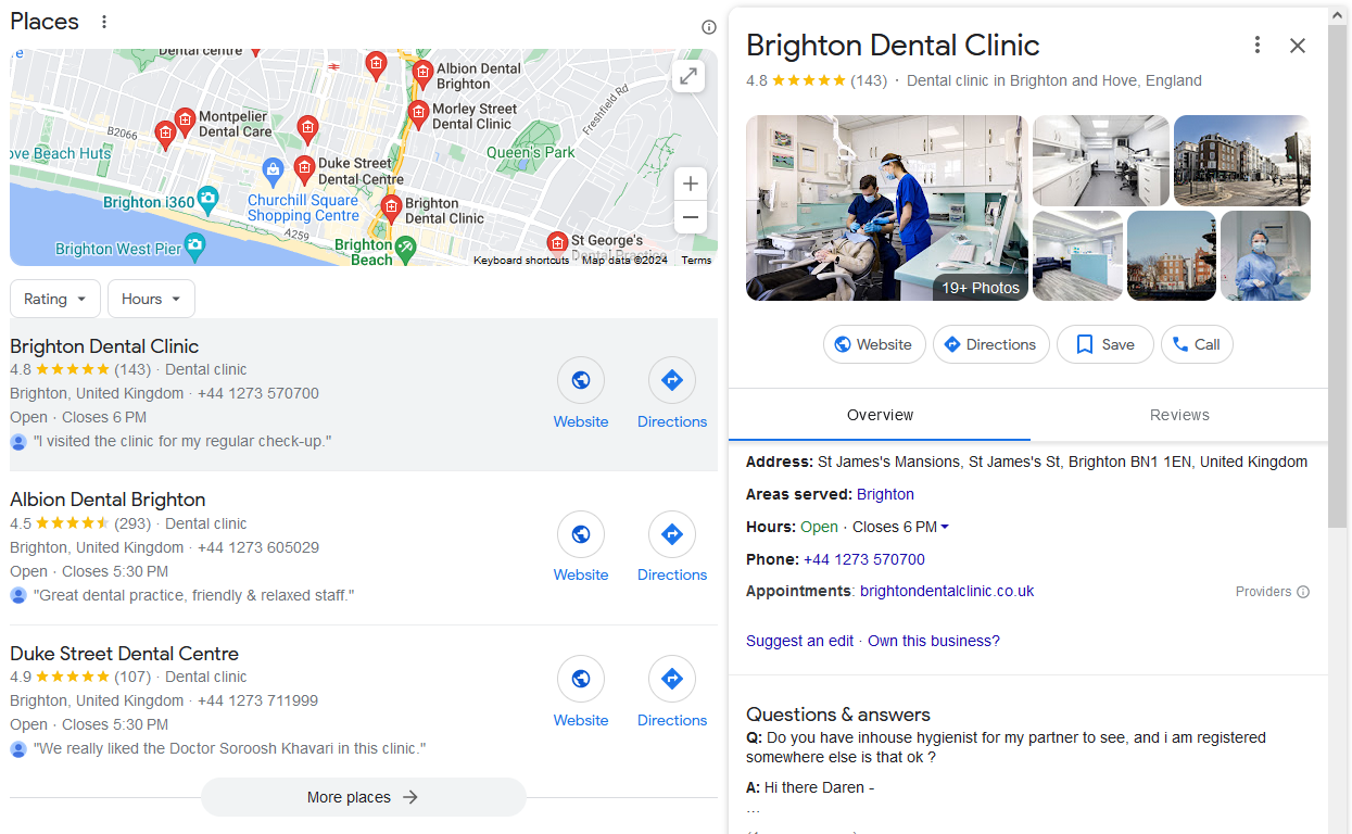 Screenshot of a search result for “dental clinic in Brighton” query.