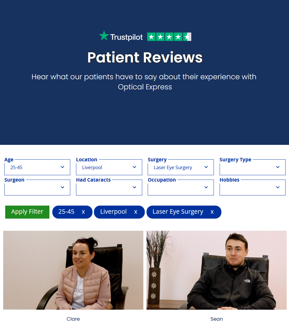 Patient testimonial page example from Optical Express.