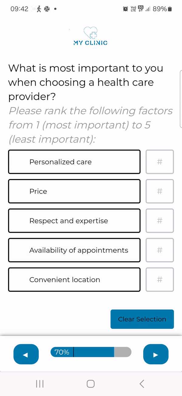 A GIF showing how a ranking question type works.