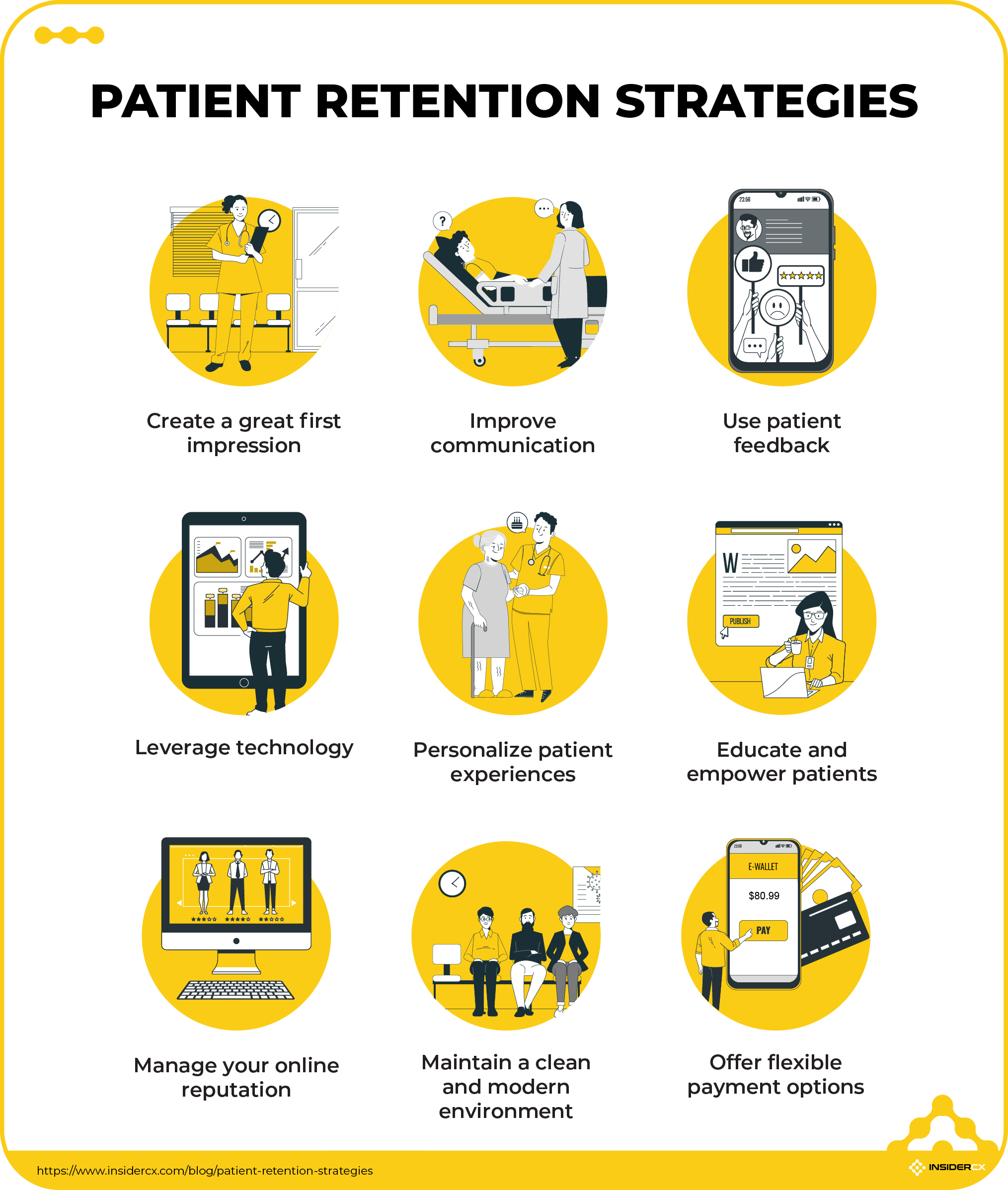 A list of 9 different patient retention strategies.